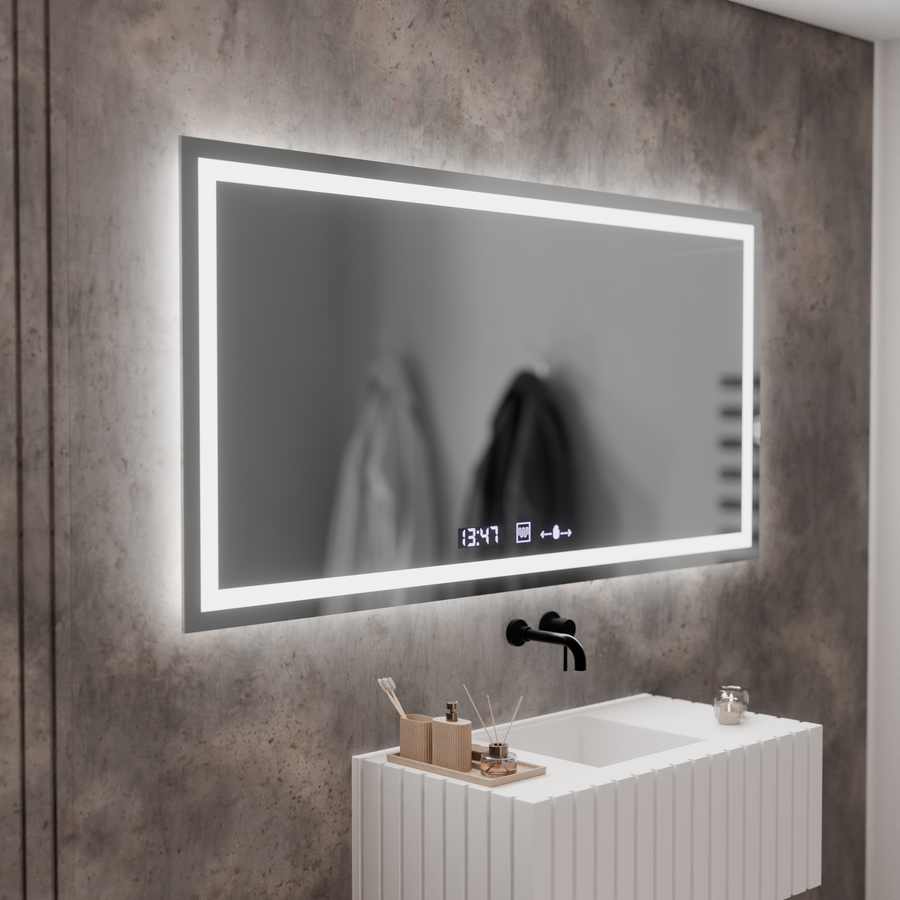 Prostokątne lustro LED, 120x60cm, Verite MotionGlow Marcello, system przeciwmgielny, zegar i termometr, ściemnialne 