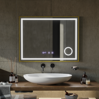 Rolf Touch LED Mirror Defog System, zegar i temperatura 80x60 cm szczotkowana złota rama lupa kosmetyczna