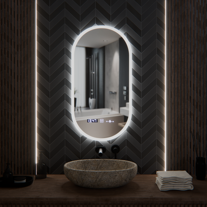 Owalne LED lusterka, 50 x 100 cm, czujnik Lucia Marcello, system rozmrażania, zegar i termometr, Dokryty