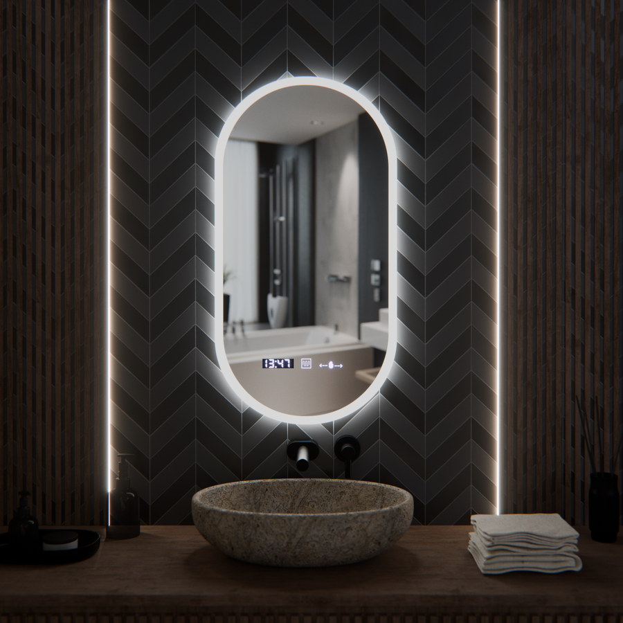 Owalne LED lusterka, 50 x 100 cm, czujnik Lucia Marcello, system rozmrażania, zegar i termometr, Dokryty