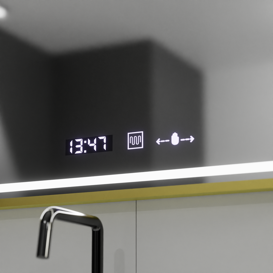 Prostokątne lustro LED, 80x60 cm, Verite Royale Gold MotionGlow Marcello, system przeciwmgielny, zegar i termometr, ściemnialne