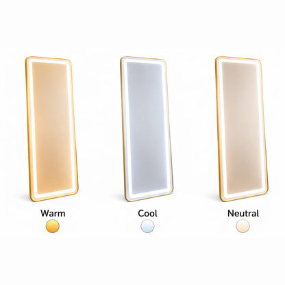 Prostokątne lustro LED, złota rama, 50x160 cm, możliwość przyciemniania, światło zimne/ciepłe/neutralne, moda garderoba