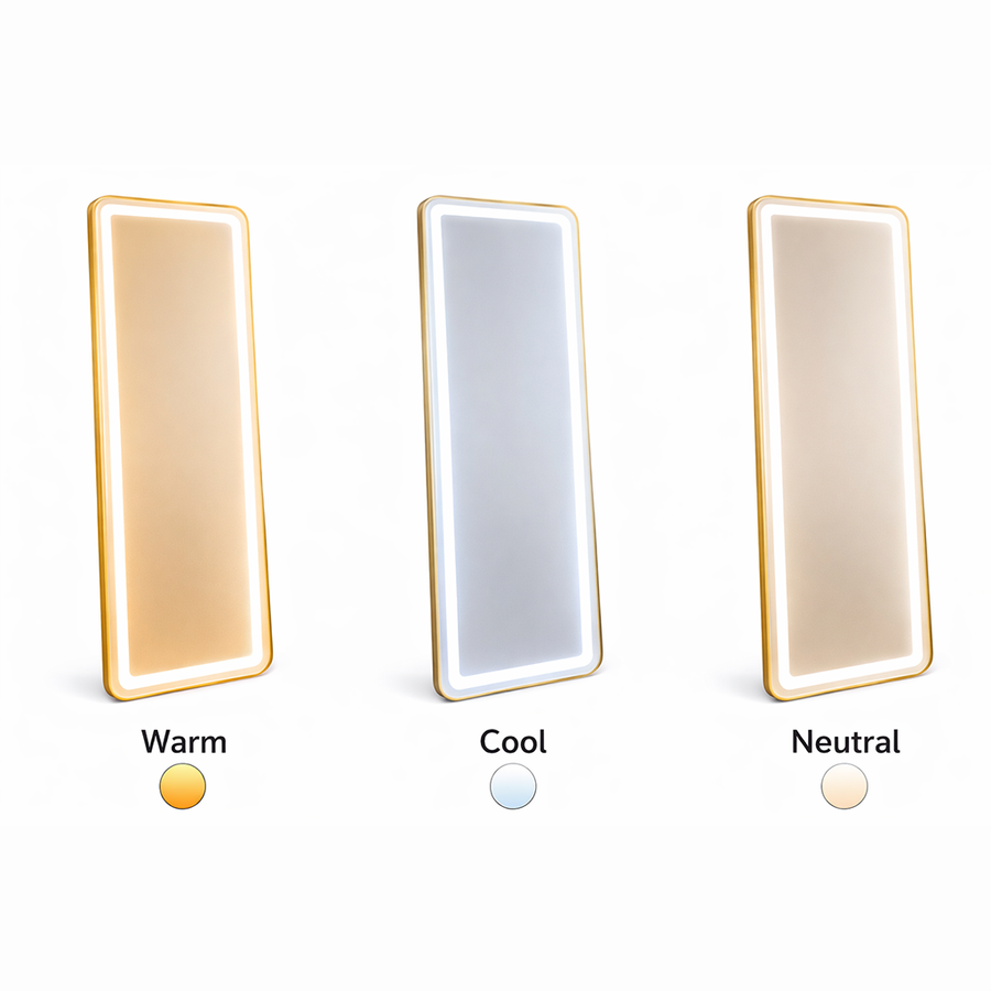 Prostokątne lustro LED, złota rama, 50x160 cm, możliwość przyciemniania, światło zimne/ciepłe/neutralne, moda garderoba