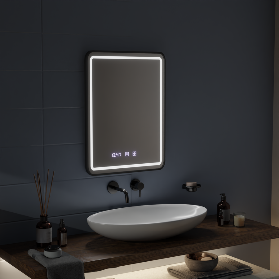 Lustro LED Gerhard Touch z systemem przeciwmgielnym, zegarem i temperaturą 60x80 cm, szczotkowana czarna rama