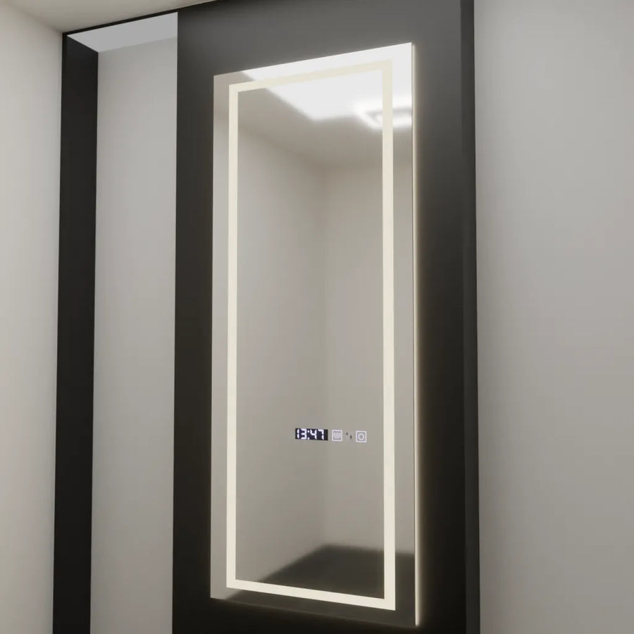Prostokątne lustro LED, 60x150 cm, czujnik radarowy Alessia Marcello, system przeciwmgielny, zegar i termometr, ściemnialne, Dressing Couture 