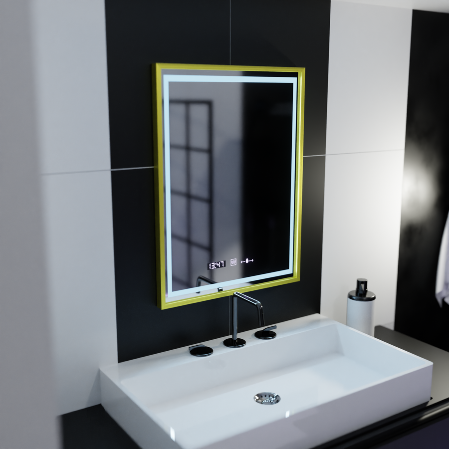 Prostokątne lustro LED 50x70cm Verite Royale Gold Motion Glow Marcello Defog System Zegar i termometr Ściemnialny 
