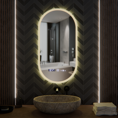 Owalne LED lusterka, 50 x 100 cm, czujnik Lucia Marcello, system rozmrażania, zegar i termometr, Dokryty