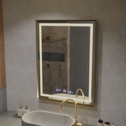 Prostokątne lustro LED, 60x80 cm, Verite Royale Gold MotionGlow Marcello, system przeciwmgielny, zegar i termometr, ściemnialne