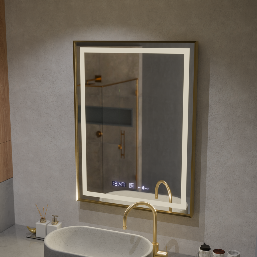 Prostokątne lustro LED, 60x80 cm, Verite Royale Gold MotionGlow Marcello, system przeciwmgielny, zegar i termometr, ściemnialne