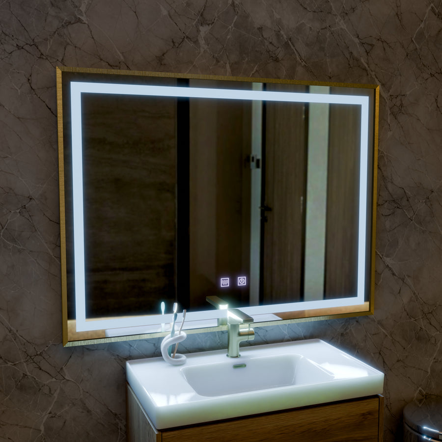 Lustro Kariri Touch LED, 80x60 cm, funkcja Defro, rama szczotkowana w kolorze różowego złota