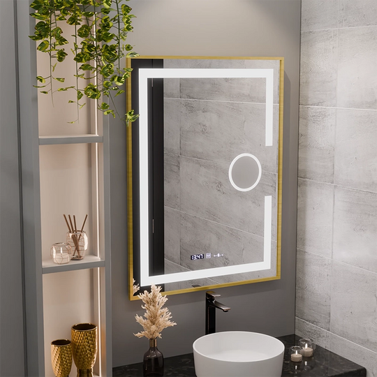 Prostokątne lustro LED, 60x80cm, Eclat MotionGlow Marcello, system odmgławiania, zegar i termometr, lupa kosmetyczna, możliwość przyciemniania, ramka ze szczotkowanego złota
