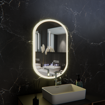 Owalne LED lusterka, 50x80 cm, czujnik Lucia Marcello, system rozmrażania, zegar i termometr, Dokryty