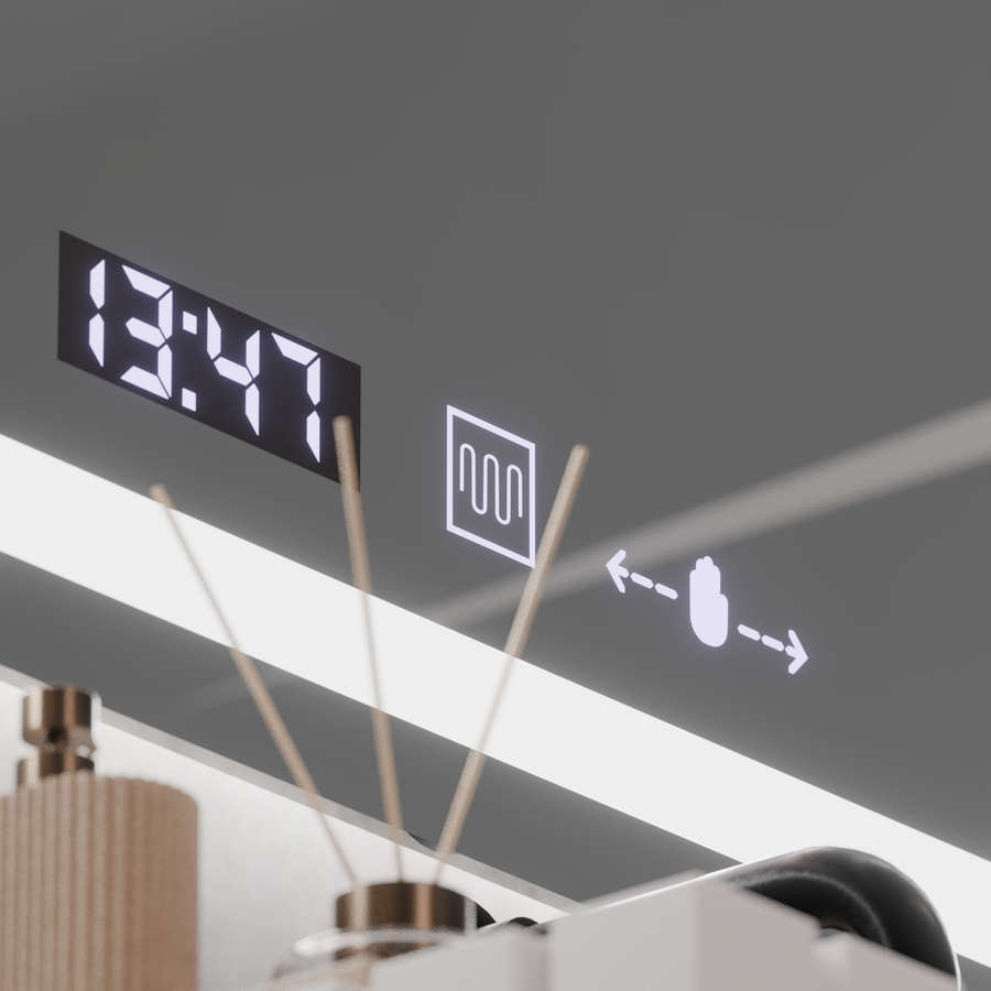 Prostokątne lustro LED, 120x60cm, Verite MotionGlow Marcello, system przeciwmgielny, zegar i termometr, ściemnialne 