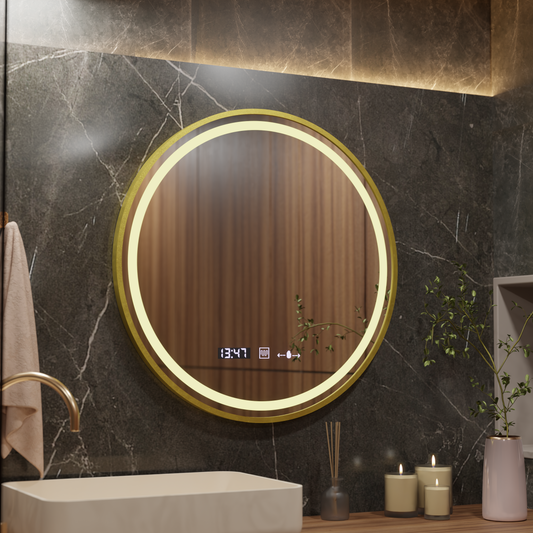 Okrągłe lustro LED 70 cm Celeste Royale Gold MotionGlow Marcello Defog System Zegar i termometr Ściemnialny 