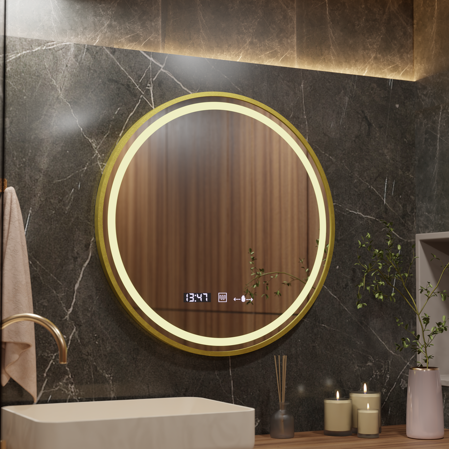 Okrągłe lustro LED 70 cm Celeste Royale Gold MotionGlow Marcello Defog System Zegar i termometr Ściemnialny 