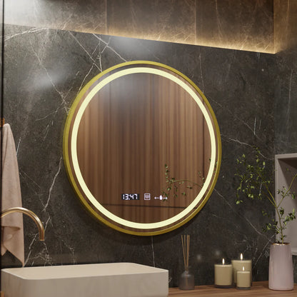 Okrągłe lustro LED, 60 cm, Celeste Royale Gold Eleve MotionGlow Marcello, system przeciwmgielny, zegar i termometr, ściemnialne, odpinany pasek