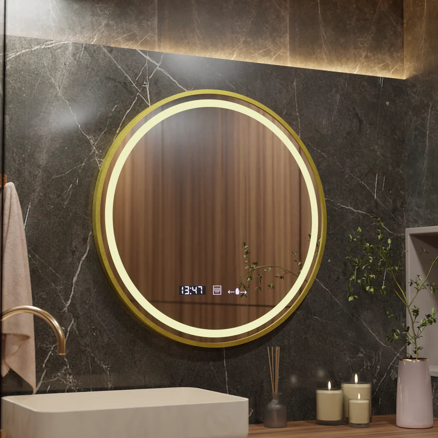 Okrągłe lustro LED, 60 cm, Celeste Royale Gold Eleve MotionGlow Marcello, system przeciwmgielny, zegar i termometr, ściemnialne, odpinany pasek