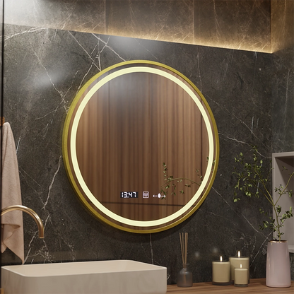Okrągłe lustro LED, 70 cm, Celeste Royale Gold MotionGlow Marcello, system przeciwmgielny, zegar i termometr, ściemnialne