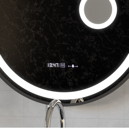 Okrągłe lustro LED, 60 cm, czujnik ruchu Micah Marcello MotionGlow, system przeciwmgielny, zegar i termometr, lupa kosmetyczna, ściemnialna 