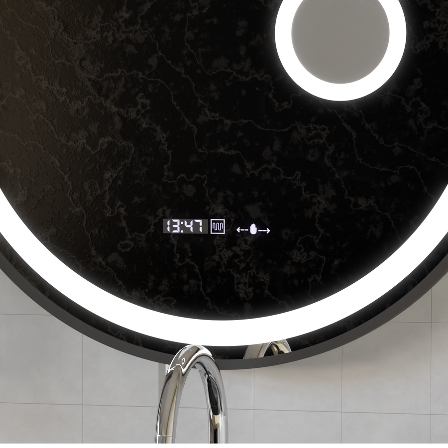 Okrągłe lustro LED, 60 cm, czujnik ruchu Micah Marcello MotionGlow, system przeciwmgielny, zegar i termometr, lupa kosmetyczna, ściemnialna 
