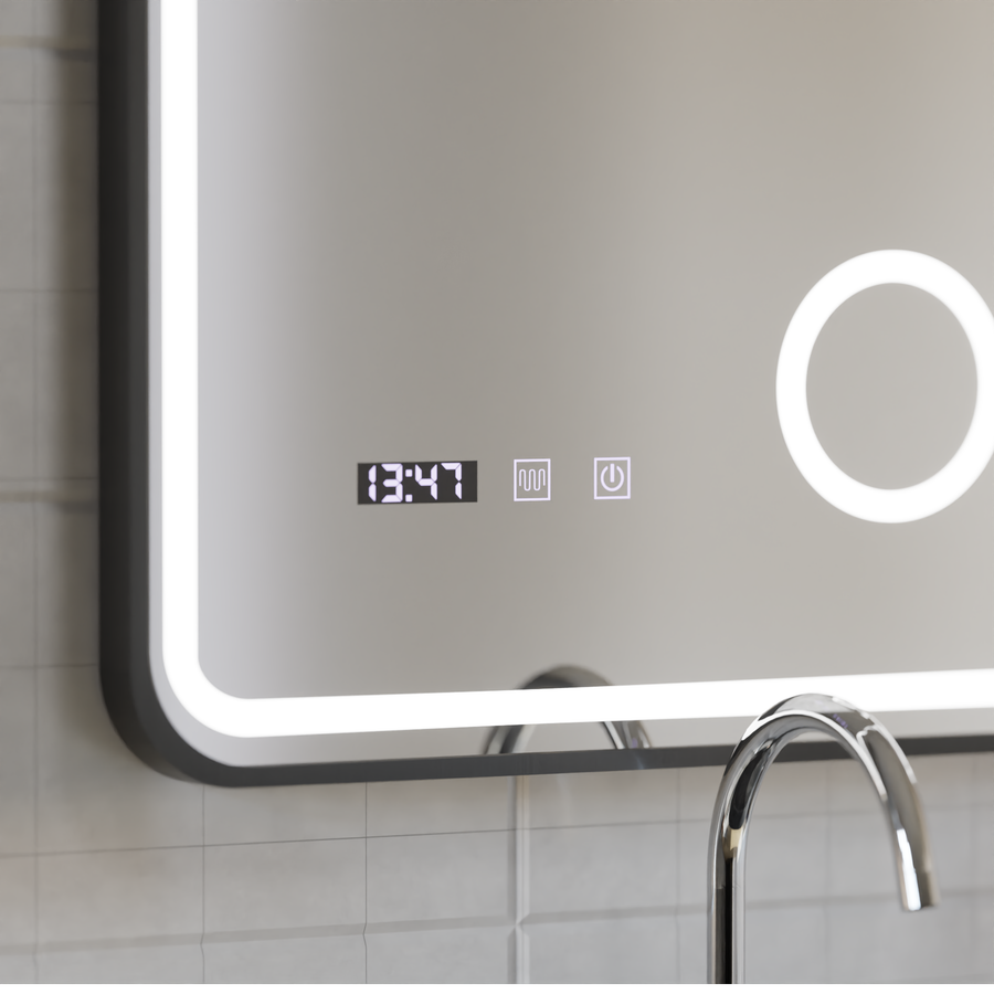 Ulrich Touch LED Mirror Defog System, zegar i temperatura 60x80 cm szczotkowana czarna rama lupa kosmetyczna