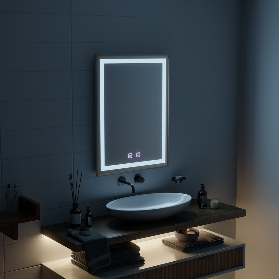Lustro Kariri Touch LED, 60x80 cm, funkcja Defro, rama w kolorze różowego złota szczotkowanego