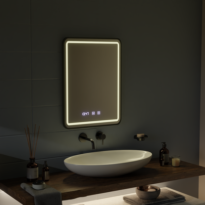 Lustro LED Gerhard Touch z systemem przeciwmgielnym, zegarem i temperaturą 60x80 cm, szczotkowana czarna rama