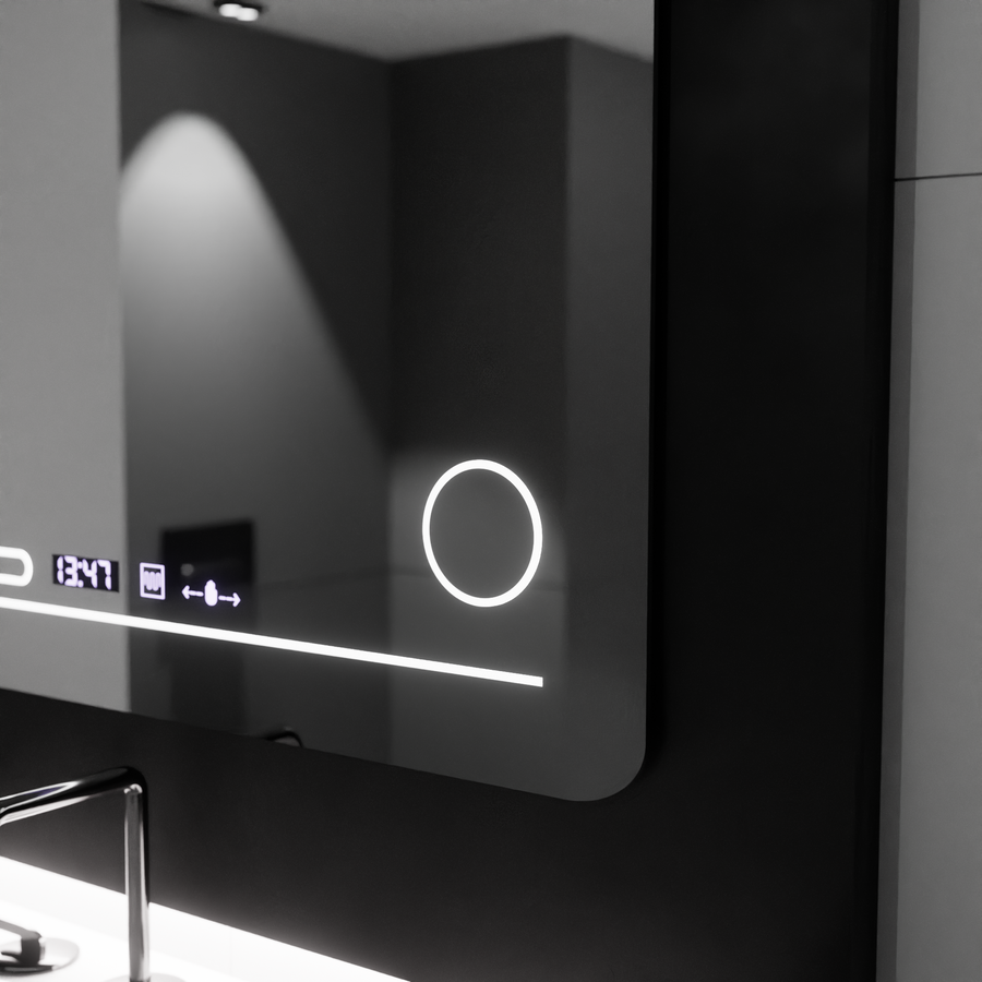 Prostokątne lustro LED 80x60cm Fortaleza MotionGlow Marcello Defog System Termometr i zegar Ściemnialna lupa kosmetyczna 