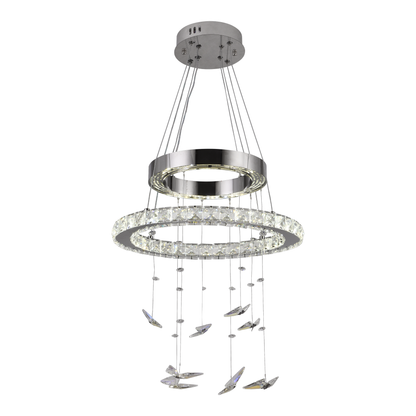 Żyrandol wiszący LED z pilotem i kryształem MIA LATIFAH 70 W, 2 okręgi, światło zimne/ciepłe/neutralne, ściemnialny, chrom błyszczący, regulowana wysokość