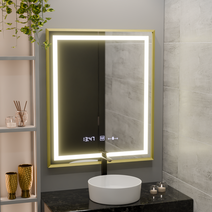 Prostokątne lustro LED, 75x90 cm, Verite Royale Gold MotionGlow Marcello, system przeciwmgielny, zegar i termometr, ściemnialne 