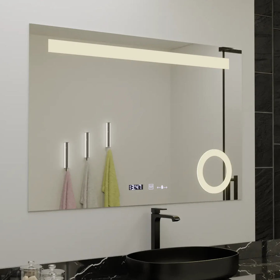 Prostokątne lustro LED 80x60cm ABSOLU MotionGlow Marcello Defog System Zegar i termometr Ściemnialna lupa kosmetyczna 