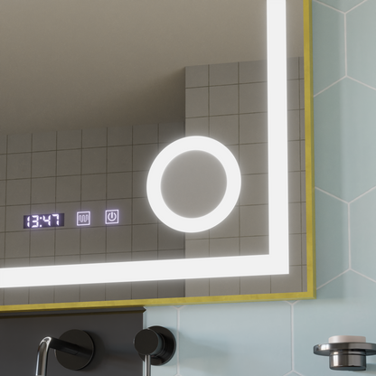 Lustro LED Stefan Touch z systemem przeciwmgielnym, zegarem i temperaturą 60x80 cm, szczotkowana złota rama, lupa kosmetyczna
