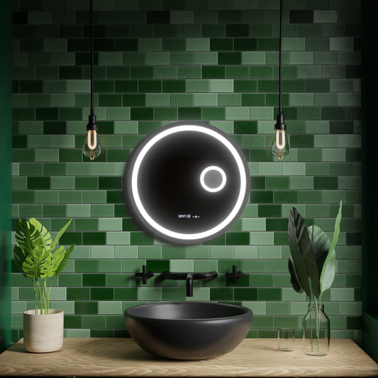 Okrągłe lustro LED, 60 cm, czujnik ruchu Micah Marcello MotionGlow, system przeciwmgielny, zegar i termometr, lupa kosmetyczna, ściemnialna 