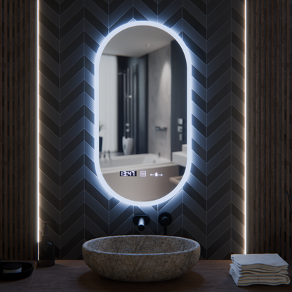 Owalne LED lusterka, 50 x 100 cm, czujnik Lucia Marcello, system rozmrażania, zegar i termometr, Dokryty