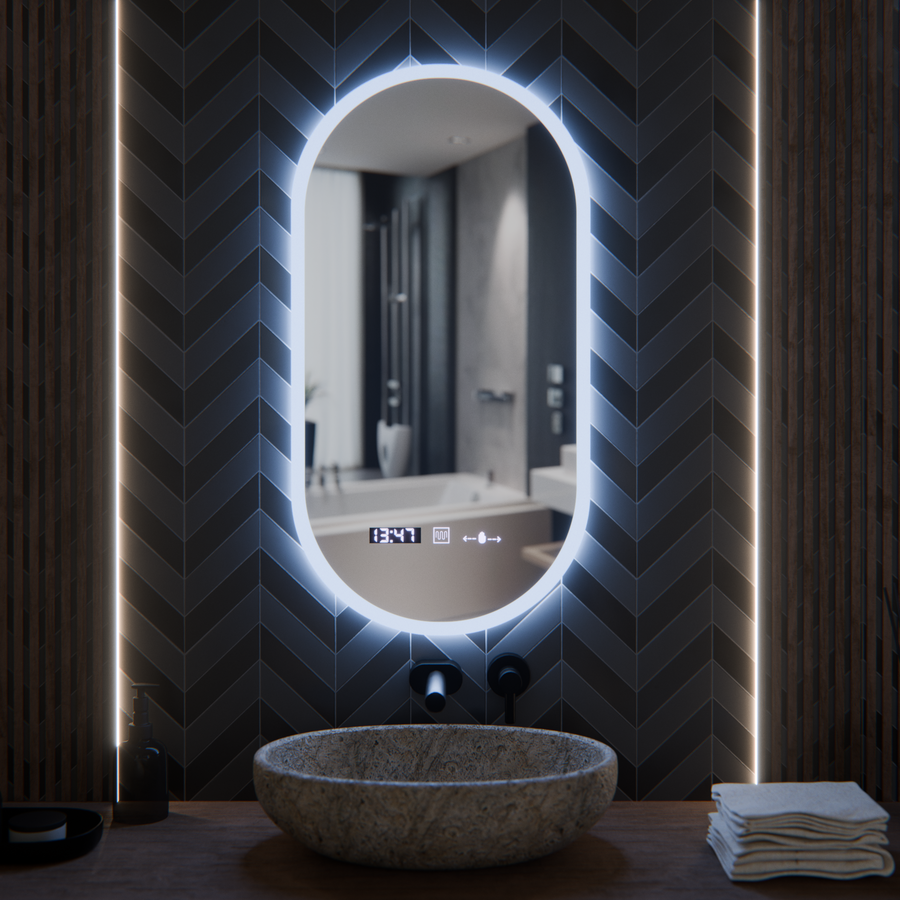 Owalne LED lusterka, 50 x 100 cm, czujnik Lucia Marcello, system rozmrażania, zegar i termometr, Dokryty