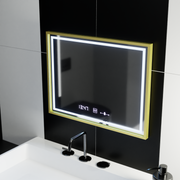 Prostokątne lustro LED, 80x60 cm, Verite Royale Gold MotionGlow Marcello, system przeciwmgielny, zegar i termometr, ściemnialne