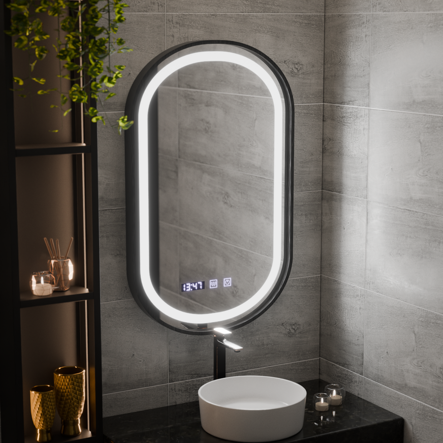 Helmut LED Touch System odmgławiania lusterek, zegar i temperatura 50x80 cm Czarna ramka Szczotkowane Marcello Funghi