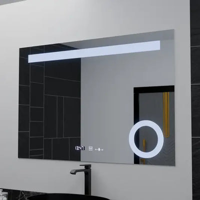 Prostokątne lustro LED 100x75cm ABSOLU MotionGlow Marcello Defog System Zegar i termometr Ściemnialna lupa kosmetyczna 