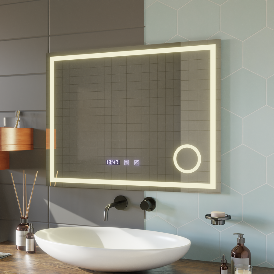 Lustro dotykowe LED Gunter System przeciwmgielny, zegar i temperatura 80x60 cm Lupa kosmetyczna