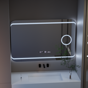Prostokątne lustro LED, 120x80cm, definicja Motionglow Marcello, system wyłączania, zegar i termometr, powiększenie kosmetyczne