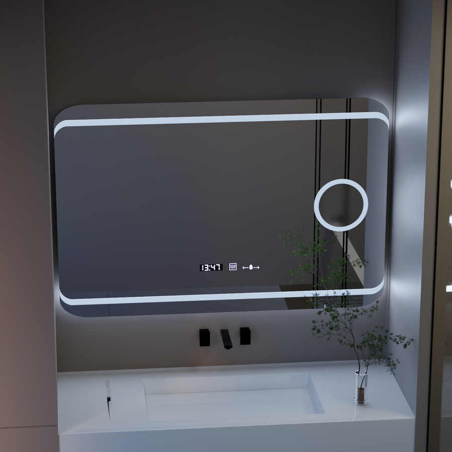 Prostokątne lustro LED, 120x80cm, definicja Motionglow Marcello, system wyłączania, zegar i termometr, powiększenie kosmetyczne