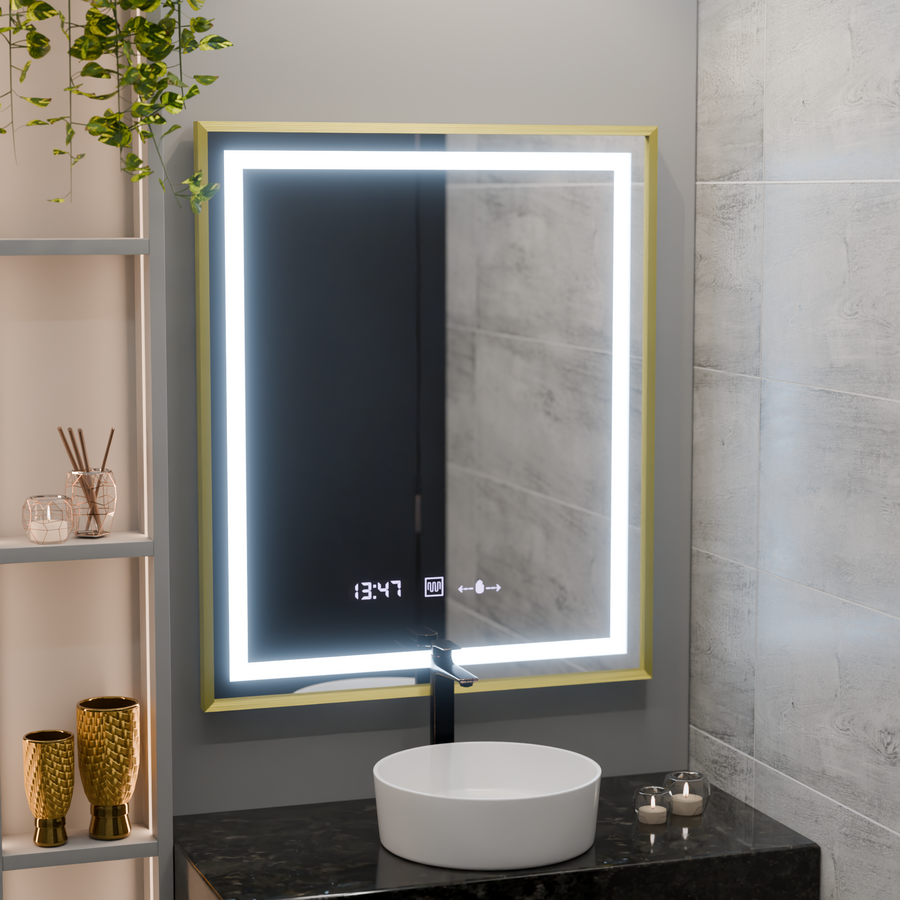 Prostokątne lustro LED, 75x90 cm, Verite Royale Gold MotionGlow Marcello, system przeciwmgielny, zegar i termometr, ściemnialne 
