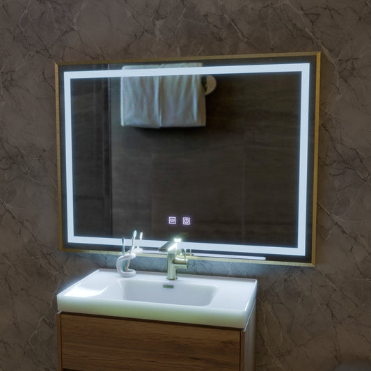 Lustro Kariri Touch LED, 80x60 cm, funkcja Defro, rama szczotkowana w kolorze różowego złota