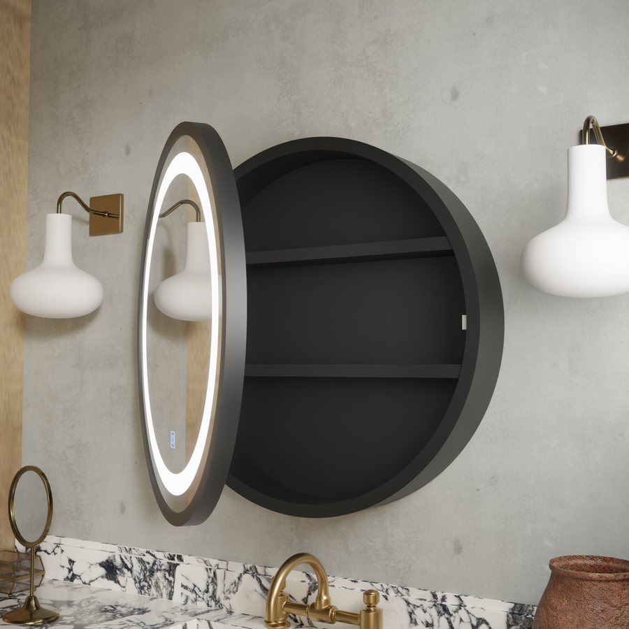 Lustro LED z szafką, okrągłe, 50x50 cm, przeciwmgielne, światło zimne/ciepłe/neutralne, czarna rama, miejsce do przechowywania