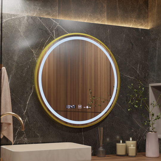 Okrągłe lustro LED, 80 cm, Celeste Royale Gold MotionGlow Marcello, system przeciwmgielny, zegar i termometr, przyciemniane lustra Marcello Domyślny tytuł Alessandro Design