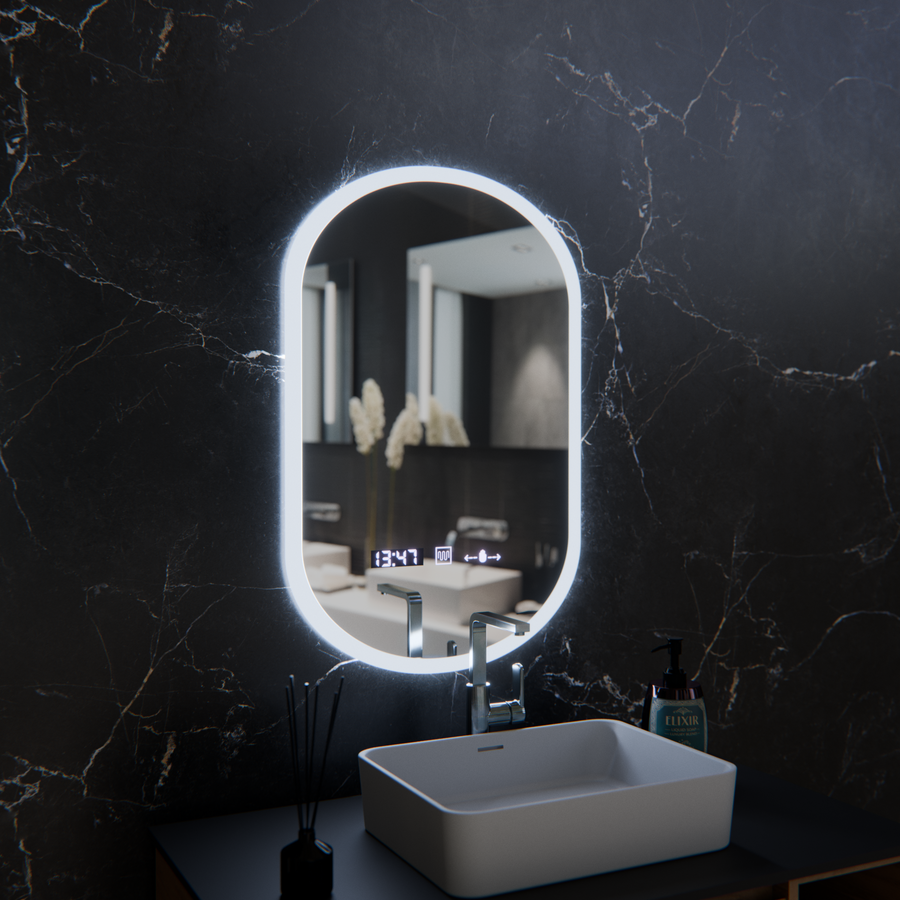 Owalne LED lusterka, 50x80 cm, czujnik Lucia Marcello, system rozmrażania, zegar i termometr, Dokryty