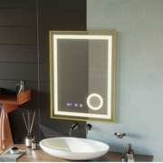 Lustro LED Stefan Touch z systemem przeciwmgielnym, zegarem i temperaturą 60x80 cm, szczotkowana złota rama, lupa kosmetyczna