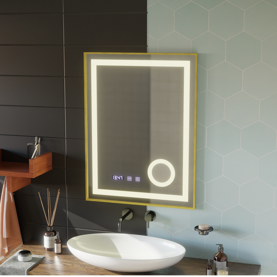 Lustro LED Stefan Touch z systemem przeciwmgielnym, zegarem i temperaturą 60x80 cm, szczotkowana złota rama, lupa kosmetyczna