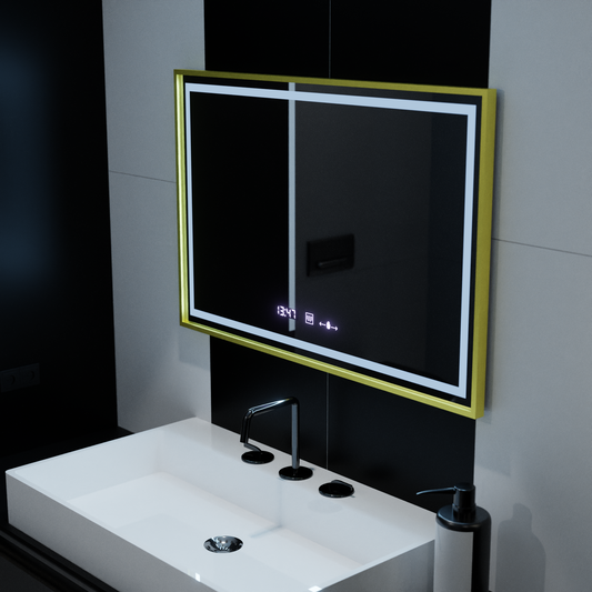 Prostokątne lustro LED 100x65cm Verite Royale Gold Motion Glow Marcello Defog System Zegar i termometr Ściemnialny 