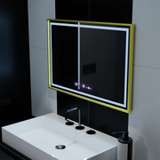 Prostokątne lustro LED, 100x65 cm, Verite Royale Gold Motion Glow Marcello, system przeciwmgielny, zegar i termometr, ściemnialne